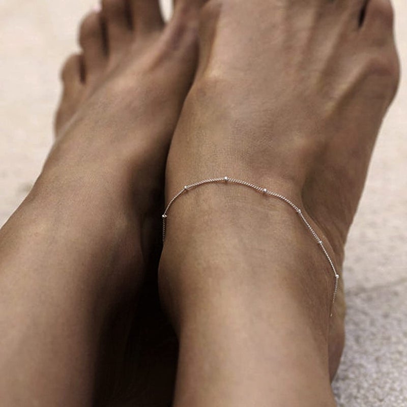 Kyerlyn Dainty Anklets for Women Sterling Silver Satellite Chain Ankle Bracelets for Women Waterproof Adjustable Chain Silver Beaded Anklet Simple Fashion Summer Beach Gift - Image 4
